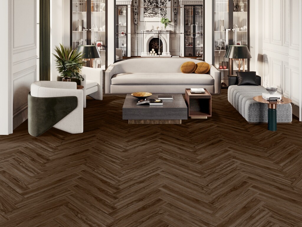 Xylo Holland Park Escena Light Walnut Herringbone LVT Vinyl Flooring, Dryback, 122x610x3 mm image