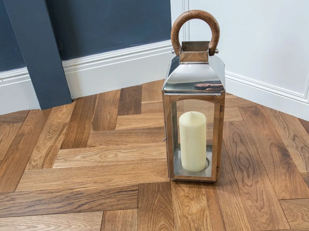Evolve Herringbone Engineered Oak Parquet Flooring, Smoked, Brushed & Lacquered, 100x5x500 mm