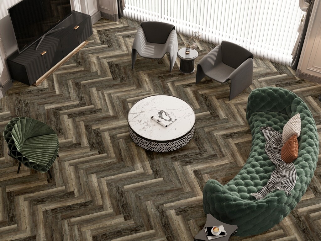 Xylo Holland Park Emerald Bay Herringbone LVT Vinyl Flooring, Dryback, 122x610x3 mm