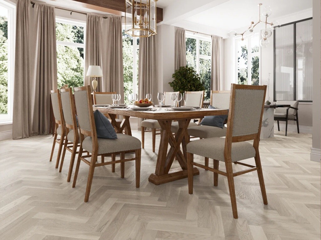 Timbercraft Herringbone Engineered Oak Parquet Flooring, Whitewashed, Matt Lacquered, 90x450x14 Mm image